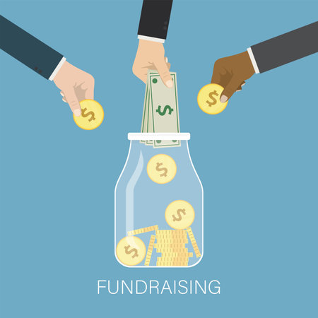 Charity donation, fundraising, social responsibility. Different hands puts money in glass jar. crowdfunding concept. Various people gives banknotes and coins. investment process. vector illustrationのイラスト素材