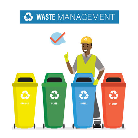 Waste management concept. Cartoon garbage containers for separate waste collection. Colorful trash cans and happy african american garbage collector. isolated on white background. vector illustrationのイラスト素材