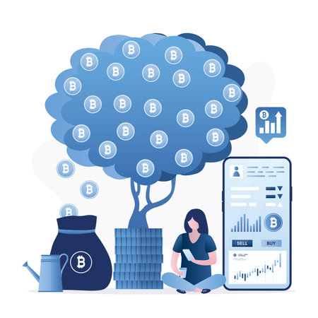 businesswoman sitting near money tree. Female investor grows profit bitcoin plant with coins. Block chain technology, investment process. Invest in bitcoin, trader makes money. vector illustrationのイラスト素材