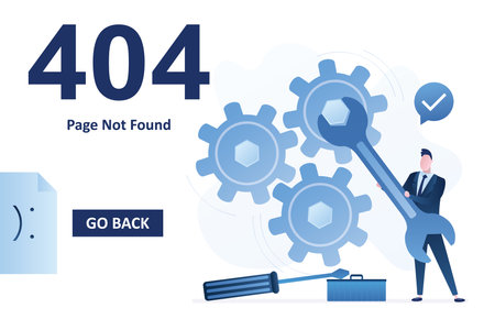 404 error, page not found landing page template. Businessman holding wrench and repairing gears. No...