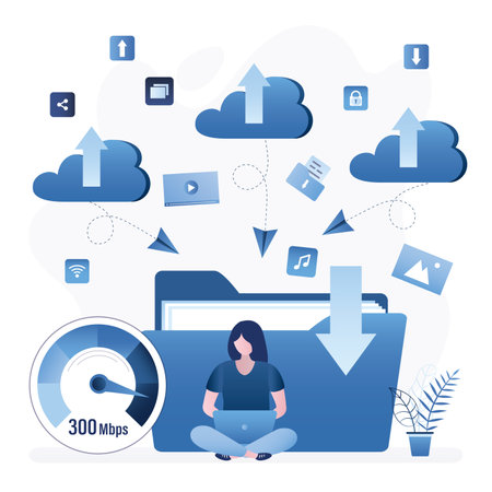 Business woman loading media content from clouds. Female character sits with laptop, big folder on background. Cloud service, remote servers, high quality internet speed. flat vector illustrationのイラスト素材