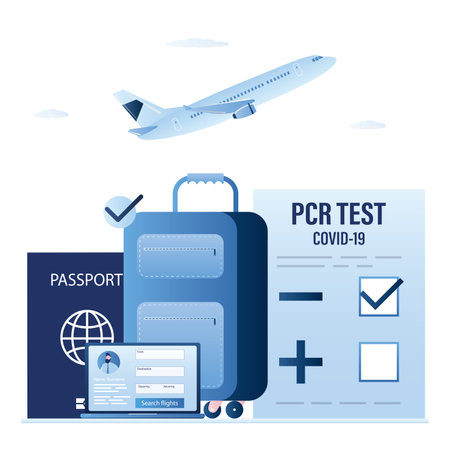 Negative PCR test for coronavirus, luggage and passport. Airplane take off. laptop with travel app. trip planning. New travel rules. Covid-19 prevention. health care concept. flat vector illustrationのイラスト素材