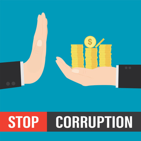 Stop bribery and corruption concept banner. Hand gives gold coins, other businessman shows stop dollar gesture. Cartoon hand refusing to receive money cash. flat vector illustrationのイラスト素材