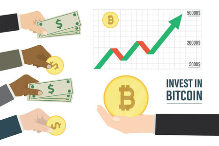 Businessman holding bitcoin. Different people want to buy cryptocurrency. Fast rising rate of bitcoin. Blockchain technology, currency exchange. finance banner. flat design vector illustrationのイラスト素材