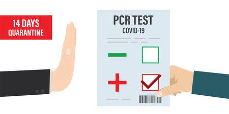 Hand holding positive PCR test for Covid-19. 14 days quarantine, stop gesture. coronavirus prevention. Paper sheet with signs and text. Cartoon part of the body. health care concept. vector illustrationのイラスト素材