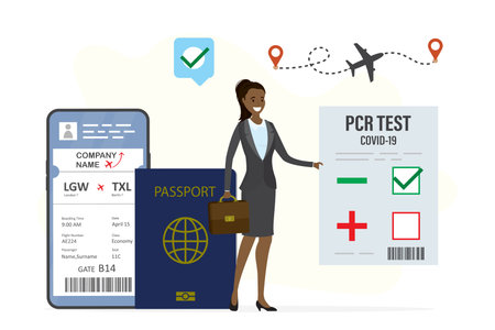 Healthy african american woman holds negative PCR test for coronavirus. Happy female tourist with passport ready to travel. Boarding pass on mobile phone. New normal for trips. vector illustrationのイラスト素材