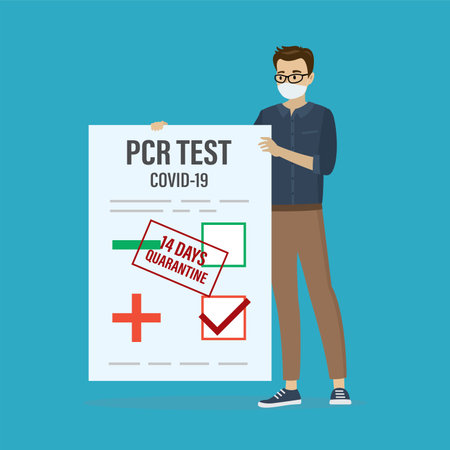 Caucasian man holds positive test for coronavirus. Business person is sick covid-19 virus. Stamp on paper - 14 days quarantine. health care problems. Viral infection pandemic. flat vector illustrationのイラスト素材
