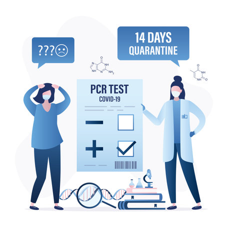 People in protective masks. Female doctor gives positive pcr test for coronavirus. Unhappy woman sick covid-19. Diagnosis of disease. health care problems. Viral infection pandemic. vector illustrationのイラスト素材