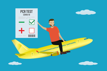 Happy man with negative PCR test for coronavirus. Male tourist sitting on aircraft. Airplane takeoff. New normal for trips and global communication. Covid-19 prevention. flat vector illustrationのイラスト素材