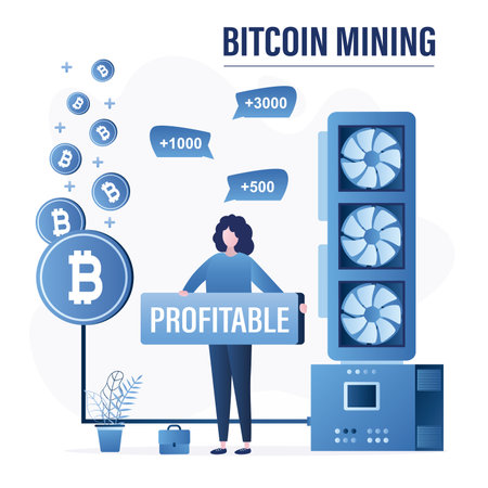 Female trader or miner with placard - profitable. bitcoin mining farm. Videochip earn cryptocurrencies. Mining Cryptocurrency. Technology of making crypto money, cloud computing. vector illustrationのイラスト素材