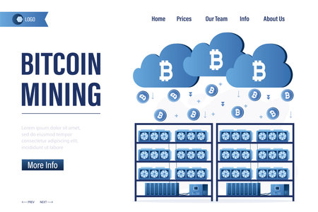 Technology of industrial mining cryptocurrency. Bitcoin mining landing page template. distributed cloud computing. Video cards for making crypto money. digital currency concept. vector illustrationのイラスト素材