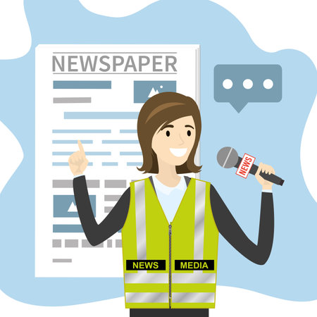 Woman reporter with microphone, newspaper on background. Breaking news review. Caucasian journalist makes report. media worker. Cartoon female in yellow press vest. safety uniform. vector illustrationのイラスト素材