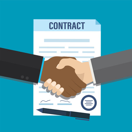Handshake after signing contract. Successful deal, agreement. Cartoon multi-ethnic businessmen hands. Pen and paper document on background. Business partnership, cooperation. flat vector illustrationのイラスト素材