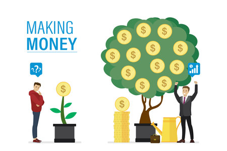 Making money concept banner. Businessman with big profit and huge money tree. Unsuccessful entrepreneur with small plant and no profit. Various Investors or venture funds. flat vector illustrationのイラスト素材