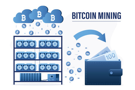 bitcoin mining farm. Many video cards earn cryptocurrencies. Mining Cryptocurrency. distributed cloud computing. E-wallet with profit. Technology for making crypto money. flat vector illustrationのイラスト素材