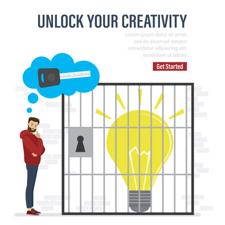 Unlock your creativity, landing page template. Cartoon scene with light bulb in prison room. Lack of ideas, male employee thinks about key to prison door. Brainstorm, ideas search. vector illustrationのイラスト素材