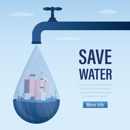 Save water landing page template. Pipe with water tap and giant drop. Urban landscape in huge blob. Eco friendly city, protection of environment and natural resources. trendy vector illustrationのイラスト素材