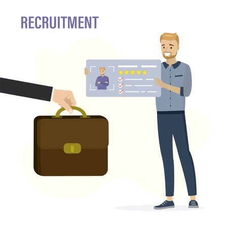 Caucasian man candidate holds resume. Boss hand gives briefcase. New male employee, recruitment process. Job seeker with cv. Team building, job interview. flat vector illustrationのイラスト素材