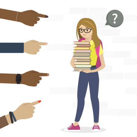 Smart schoolgirl holds stack of textbooks. Cartoon nerdy girl. Various hands point at him. Bullying, ridicule or hate. Sad teen student with books. Social problems, abuse. flat vector illustrationのイラスト素材