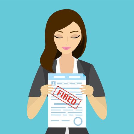 Caucasian female employee holding paper with red stamp - fired. Staff cuts, economic crisis. problem of unemployment. Unhappy woman worker closeup. flat vector illustrationのイラスト素材