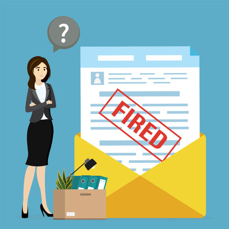 Dismissal paper in big yellow envelope. Unhappy jobless businesswoman, box with things. Unemployment, staff reduction. Dismissal notice. fired female manager. Sad caucasian girl. vector illustrationのイラスト素材