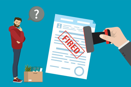 Big hand holds seal and puts stamp on contract - fired. Unhappy unemployed worker, box with office things. Dismissal caucasian employee, staff reduction. sad male character. flat vector illustrationのイラスト素材