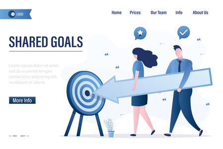 Shared goals landing page template. Business people holds big arrow and aim at target. Effective team develop successful project. Cooperation, company strategy, teamwork. flat vector illustrationのイラスト素材