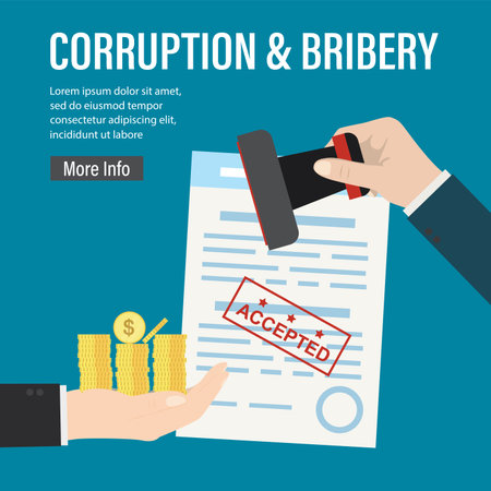Bribery and corruption. Hand gives lot of gold coins, other hand put stamp on document. Successful bribe deal. criminal payment. Illegal cash for agreement or contract. flat vector illustrationのイラスト素材