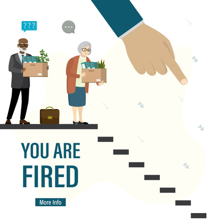 You are fired landing page template. Dismissal elderly workers with boxes in hands. Big hand points down stairs. reduction in the number of employees. Unhappy jobless aged people. Unemployment. vectorのイラスト素材