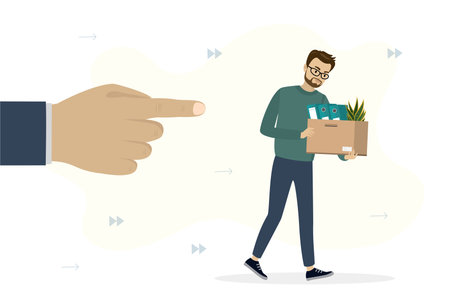 Fired worker holds box with office supplies. Big hand points to exit. Staff reduction, dismissal of employees. Unhappy jobless caucasian man. Unemployment problem. flat vector illustrationのイラスト素材