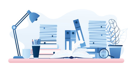 Workplace, office supplies. Paper work, learning process, open textbook on table. Office day, modern desk close up. Horizontal banner in trendy blue style. flat vector illustrationのイラスト素材