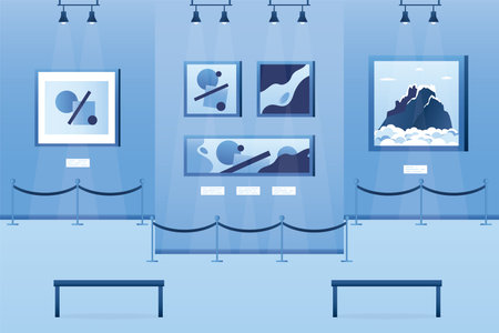 Various paintings in exhibition hall. New masterpieces in art gallery. contemporary art. Museum interior, nobody, empty room. Artworks in gallery. Trendy blue colors design. flat vector illustrationのイラスト素材