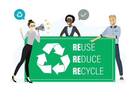 Multiethnic people holds motivational banner. Recycling symbol, slogan - reuse, reduce, recycle. Big green poster with text. Woman shouts into megaphone, businessman warning. flat vector illustrationのイラスト素材