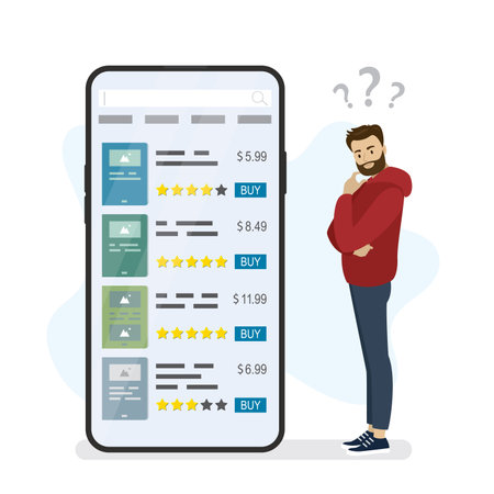 Bookstore on smartphone screen. Mobile application for buying books. Male client chooses product in online store. internet marketplace. Man customer think. e-commerce technology. vector illustrationのイラスト素材
