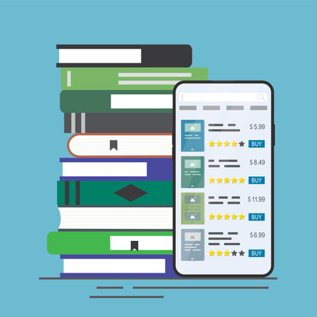 bookstore on cellphone screen. Mobile application for buying books. Purchases in online store. internet marketplace. Huge pile of textbooks. E-commerce technology. flat vector illustrationのイラスト素材