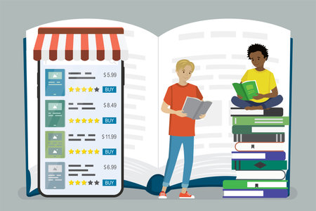 Huge open book, smartphone with bookstore app. Male teens students read textbooks. Buying books in online store. internet shopping technology. E-learning, remote education. flat vector illustrationのイラスト素材