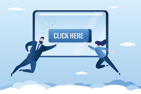 Funny people characters pushes button on tablet pc. Online application launch. Click here- text on button. Promotion, marketing campaign. New app downloads. web page template. flat vector illustrationのイラスト素材