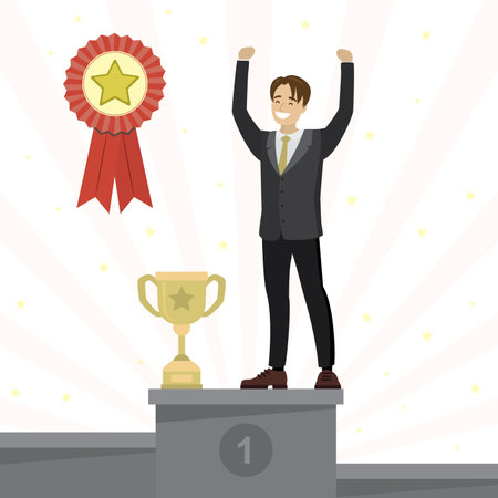 Happy caucasian businessman or office worker on podium. Successful employee with winner cup and medal. Award ceremony for winner, first place. quality mark with star. best manager. vector illustrationのイラスト素材