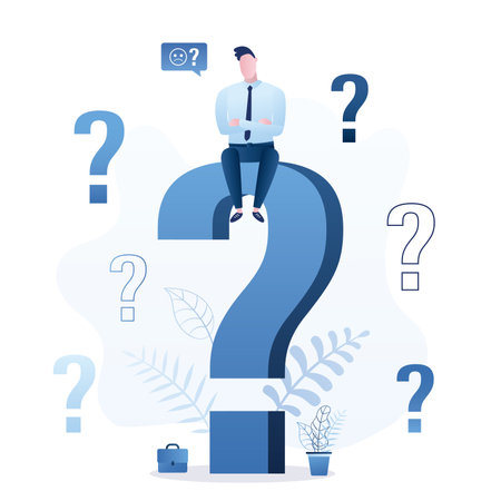 Unhappy businessman sitting on big question mark. Solving business problems, brainstorming. employee thinking. Male character isolated on white background. Answers searching. flat vector illustrationのイラスト素材