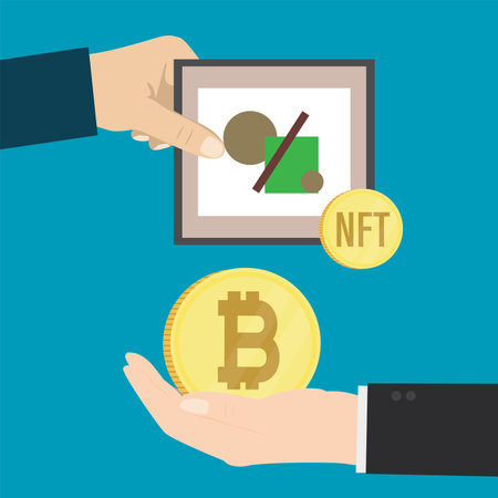 Artist sells artwork online. Hand holds canvas with Non-Fungible Token. Buyer hand gives bitcoin. Technology of selling NFT tokens for cryptocurrency. Blockchain, cryptocurrencies. vector illustrationのイラスト素材