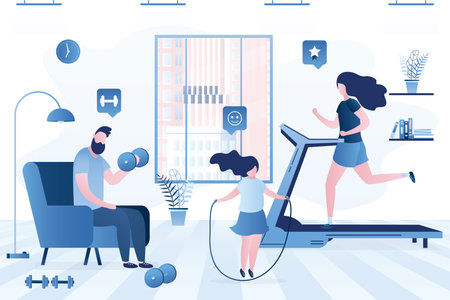 Family doing fitness at home. Slim mother run on treadmill. Father lifting dumbbells. Kid girl jump rope. Sports, gym at home, living room interior. Healthy lifestyle, lockdown. vector illustrationのイラスト素材