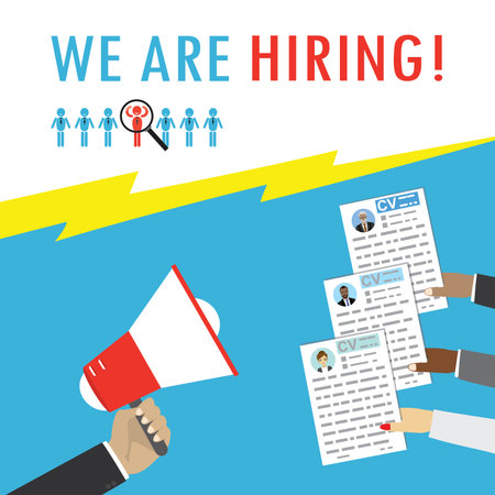 We are hiring! Web banner template. recruitment process. Company hiring new staff. important notice. Various hand holds cv papers or resume. hr specialist uses megaphone. flat vector illustrationのイラスト素材
