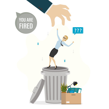 Big hand throws dismissed female worker in metal trash can. Reduction of unnecessary staff. Crisis in company, dismissal of employees. You are fired, speech bubble. Unemployment problem. flat vectorのイラスト素材