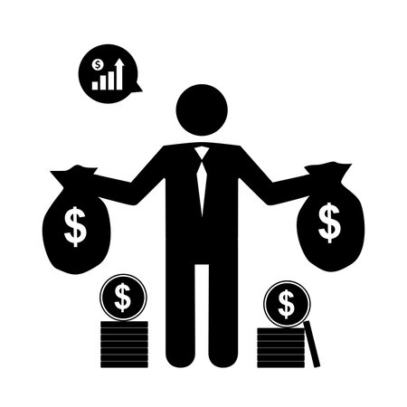 Businessman with lot of money. Entrepreneur is holding bags of money. Millionaire with wealth, making profit. Business monochromatic pictogram. investment process. vector illustrationのイラスト素材