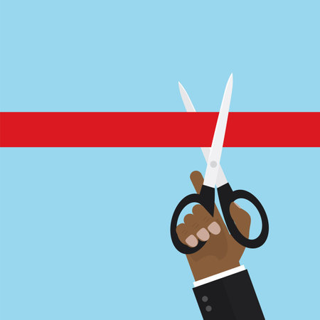 Cartoon hand cutting red ribbon with scissors. Ceremony event, grand opening, presentation in flat style. Design template isolated on blue background. Place for text. vector illustrationのイラスト素材