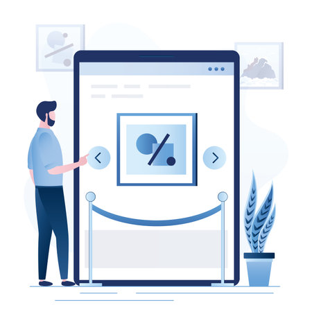 online gallery. Virtual museum on tablet pc screen. Male user is studying works of art. interactive museum exhibition. Virtual art gallery tours. VR technology. flat vector illustrationのイラスト素材