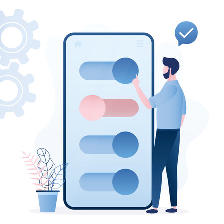 Male user moves sliders of settings. Smartphone system adjust, control panel. Cell phone and handsome man in trendy blue style. Mobile User interface customization. Change gadget settings. Flat vectorのイラスト素材
