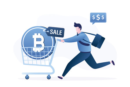 Buying bitcoin on sale when cryptocurrency price crash to make profit. Smart male investor purchasing crypto currency. Bitcoin in shopping trolley to speculate earning in the future. Vector illustrationのイラスト素材