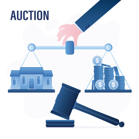 Auction, banner template for your business. Auction hammer. Business hand holds weight scale with money and house for sale. Finding balance between the bid and ask, fair price. Vector illustrationのイラスト素材
