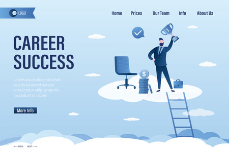 Career success, landing page template. Businessman standing on cloud with winner cup and money. Talented male employee to climb up to ladder of success. Leadership, motivation. Vector illustrationのイラスト素材